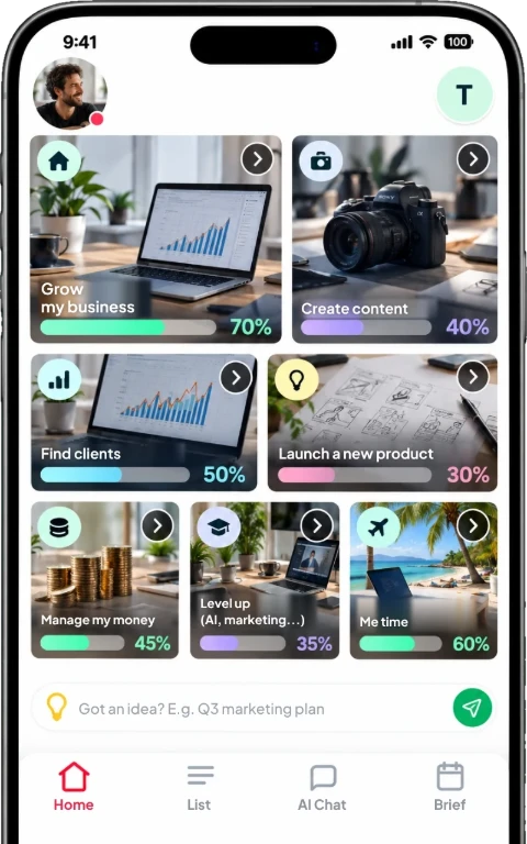 Dropit home screen for Thomas, freelancer: growing his business, creating content, finding clients.