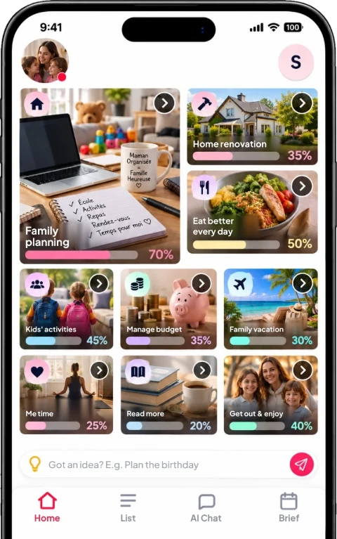 Dropit home screen for Sophie, busy mom: family planning, home renovation, meals, kids' activities.