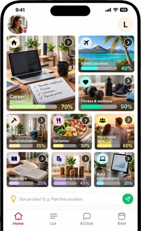 Dropit home screen for Lea, 9-to-5 pro: career growth, vacation, fitness and wellness.